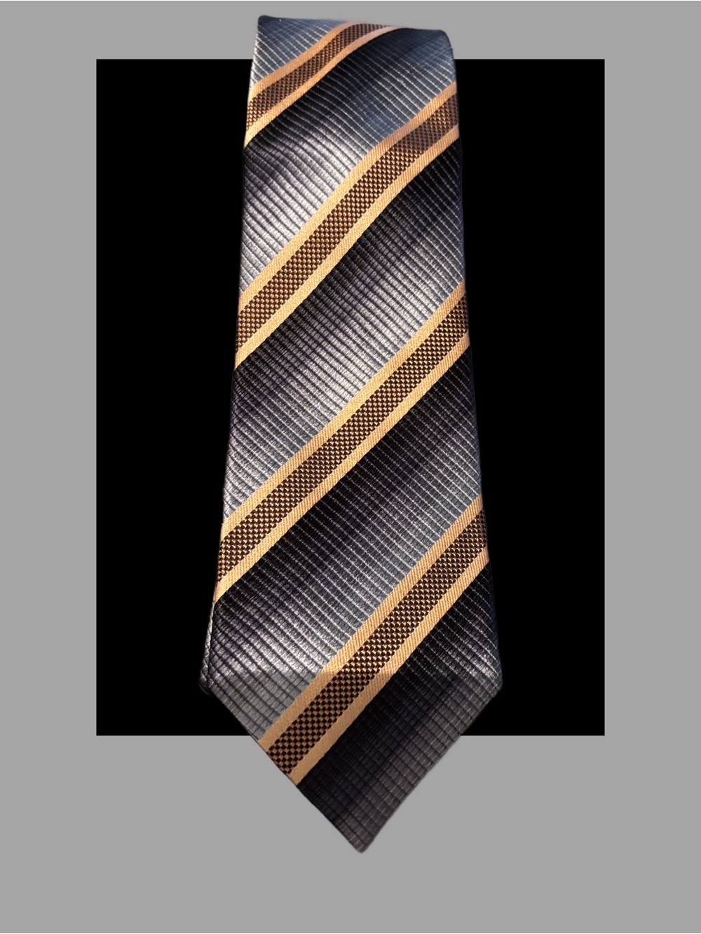 Black Silk Tie with Gold Diagonal Stripes - Elegant Men's Necktie